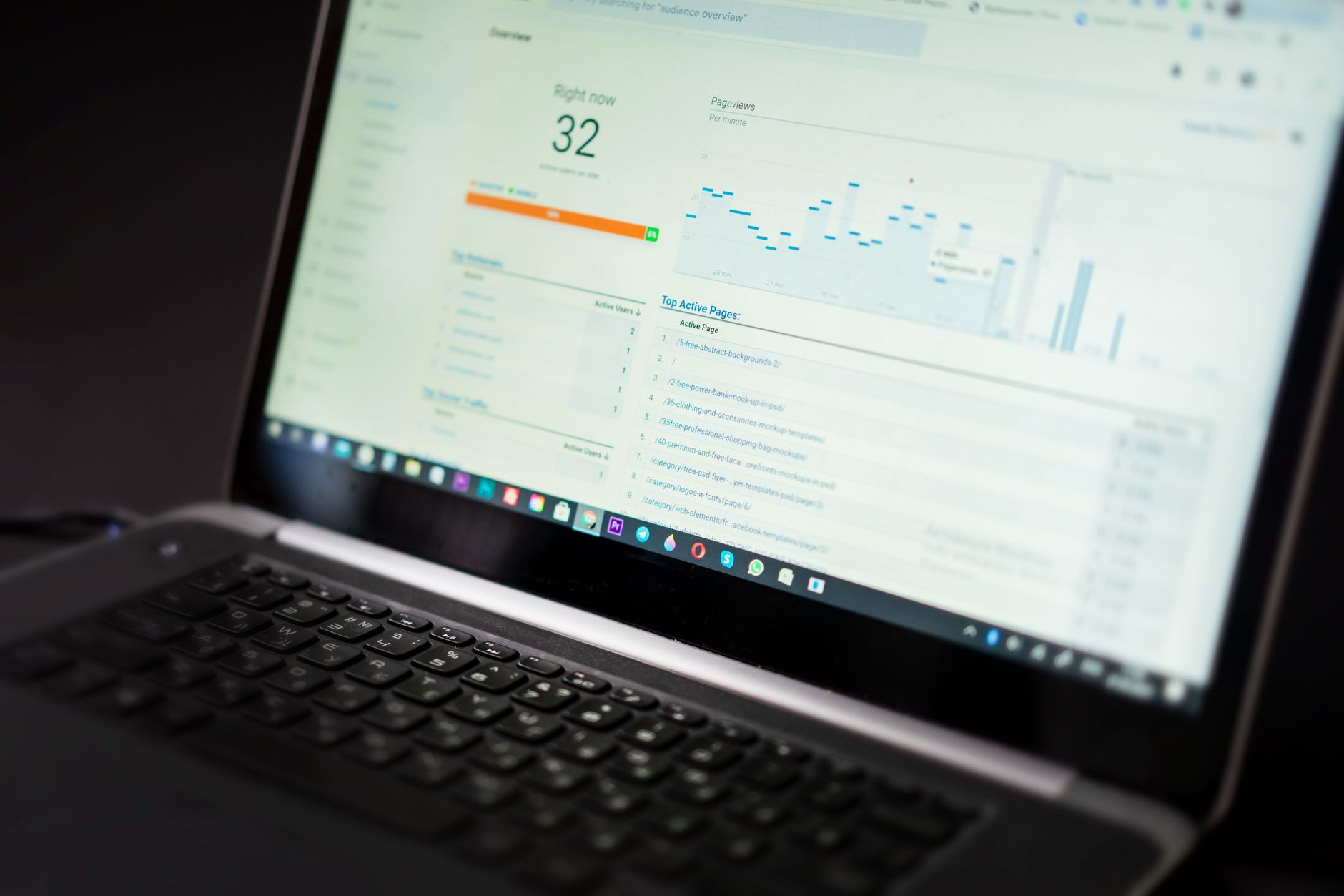 Écran d'ordinateur portable affichant un tableau de bord analytique avec plusieurs applications ouvertes simultanément